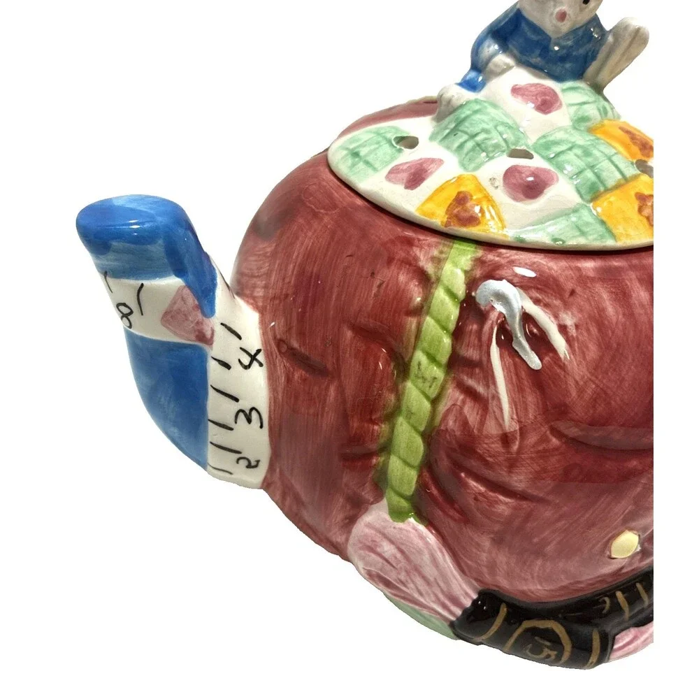 Vintage LEFTON China Tea Pot Ceramic Mouse Sewing Basket Theme - Hand Painted